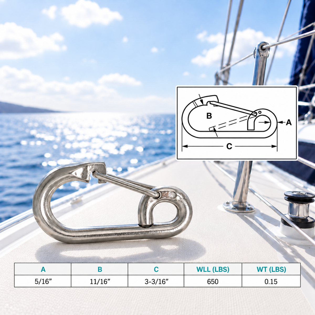 5 Pc Set Stainless Steel T316 Marine Boat Spring Snap Type Harness Clip, 1/4" and 5/16" Rope, Chain, and Rigging