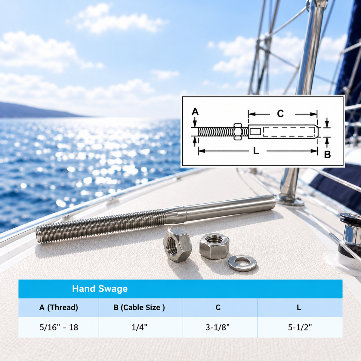 10 Pc Set T316 Stainless Steel Swage Threaded Stud End Fitting, Cable Rail Terminal for 1/8", 3/16", and 1/4" Cable