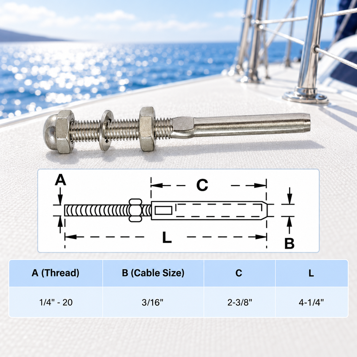 10 Pc Set T316 Stainless Steel Swage Threaded Stud End Fitting, Cable Rail Terminal for 1/8", 3/16", and 1/4" Cable