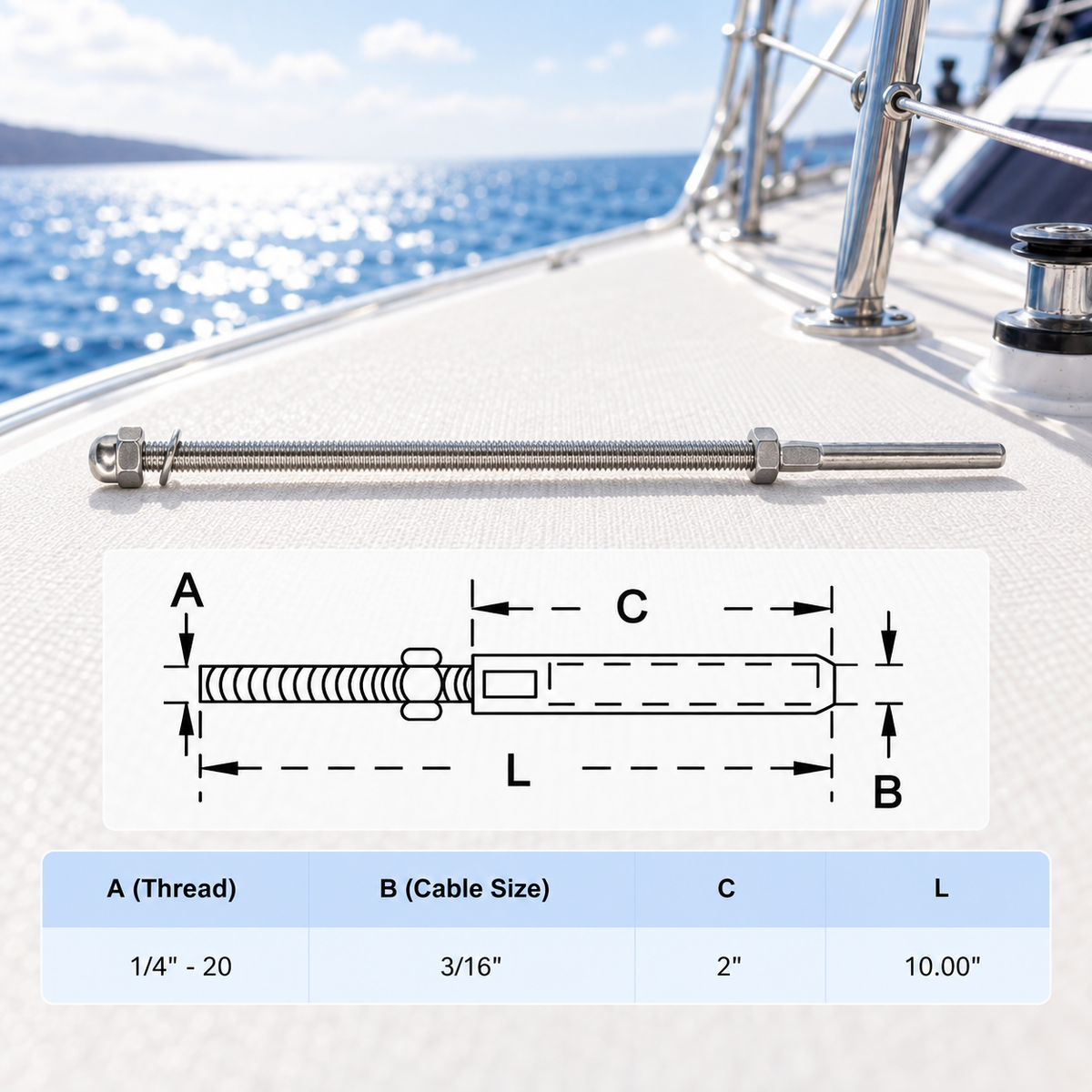 10 Pc Set T316 Stainless Steel Swage Threaded Stud End Fitting, Cable Rail Terminal for 1/8", 3/16", and 1/4" Cable
