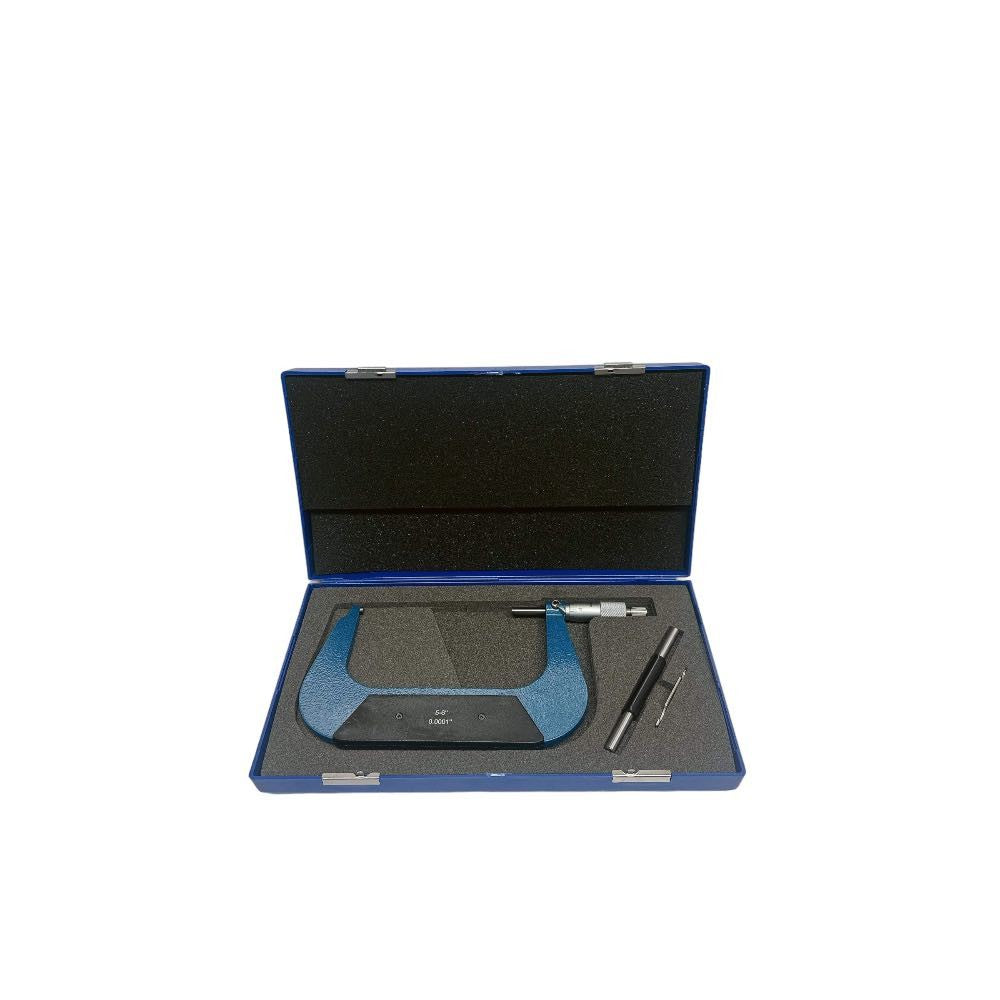 Precision outside micrometer with ratchet stop and carbide faces in protective case.