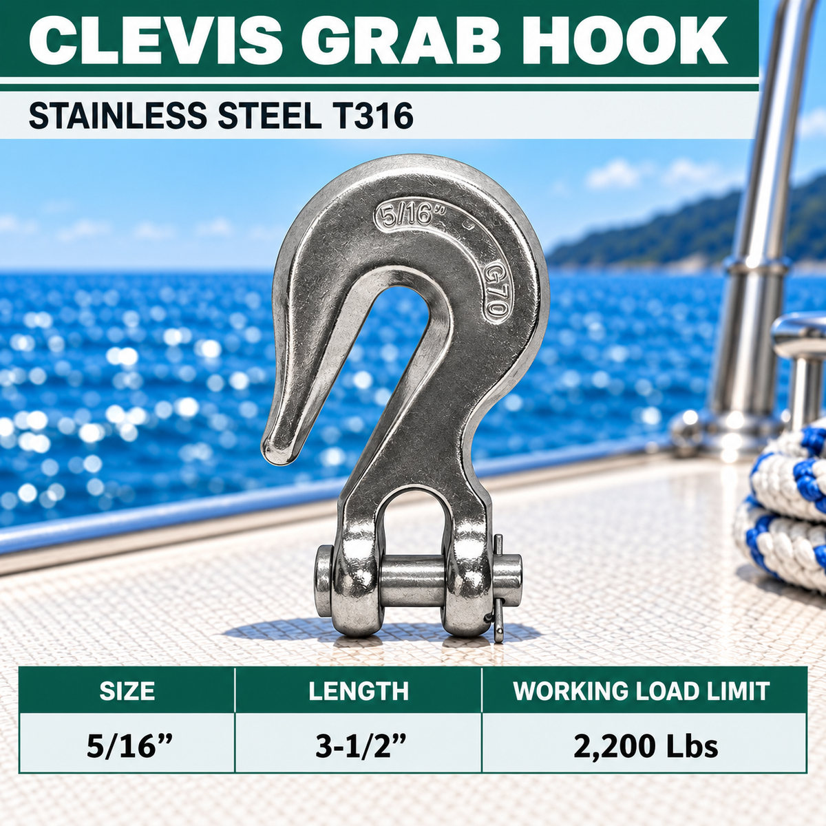 Marine Stainless Steel T316 Clevis Grab Hook Towing Shackle, Boat Chain Hook for Rigging, Towing, and Outdoor Hardware