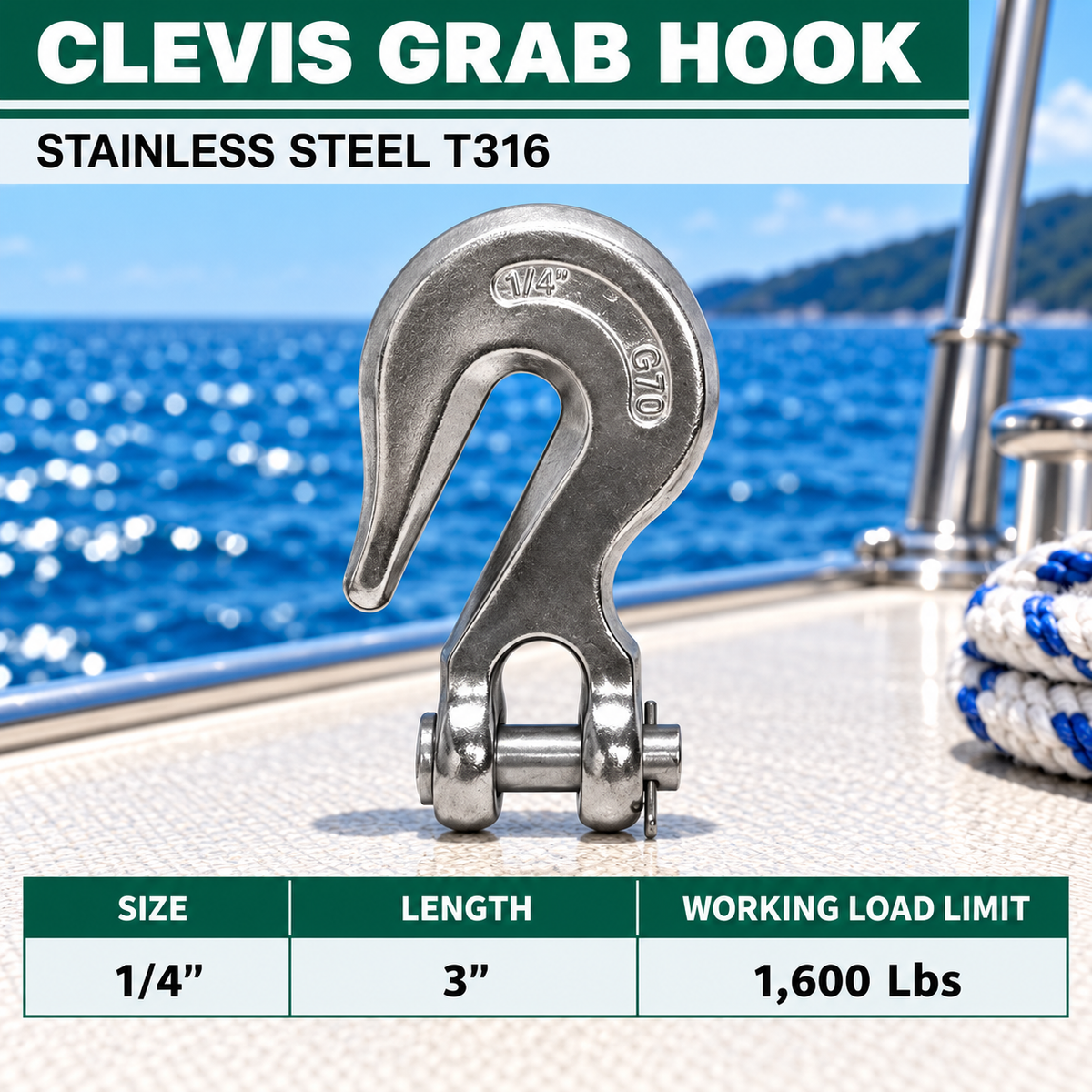 Marine Stainless Steel T316 Clevis Grab Hook Towing Shackle, Boat Chain Hook for Rigging, Towing, and Outdoor Hardware