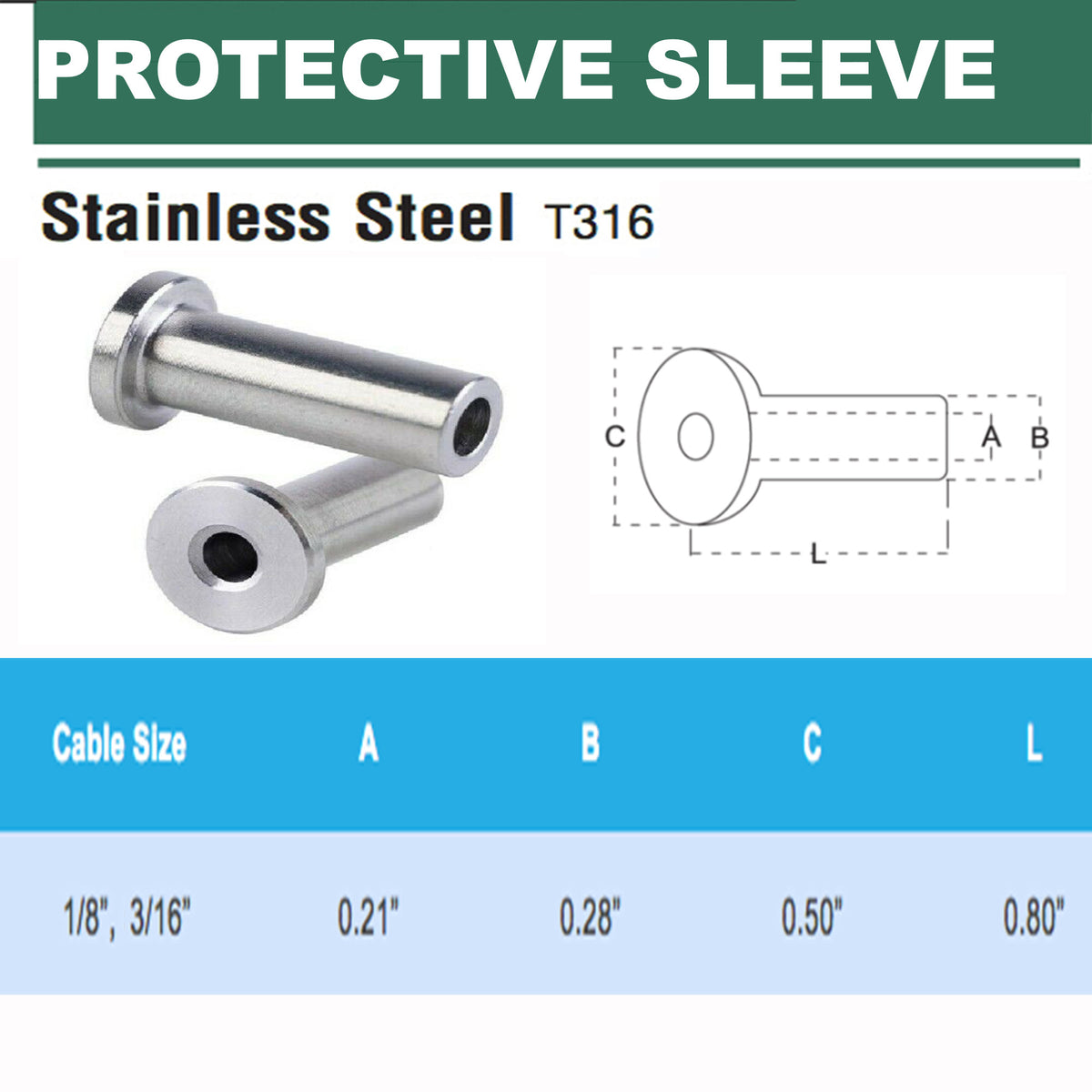20 Pc T316 Stainless Steel Protective Protector Sleeves 1/8, 3/16" Cables