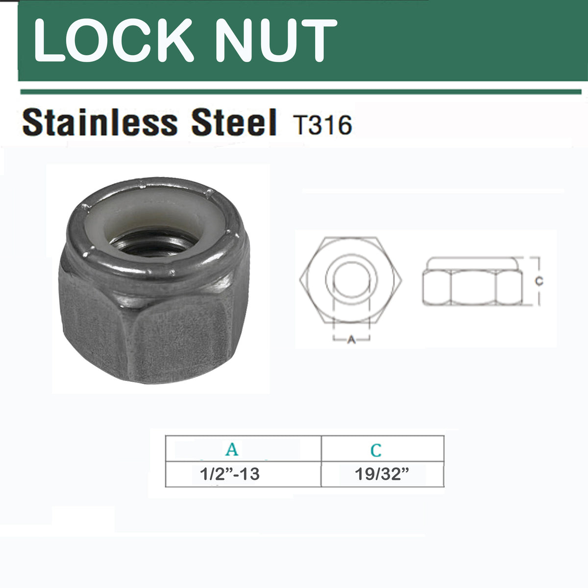 10 Pc Stainless Steel 1/2"-13 Nylon Insert Lock Nut Right Hand Hex Nut