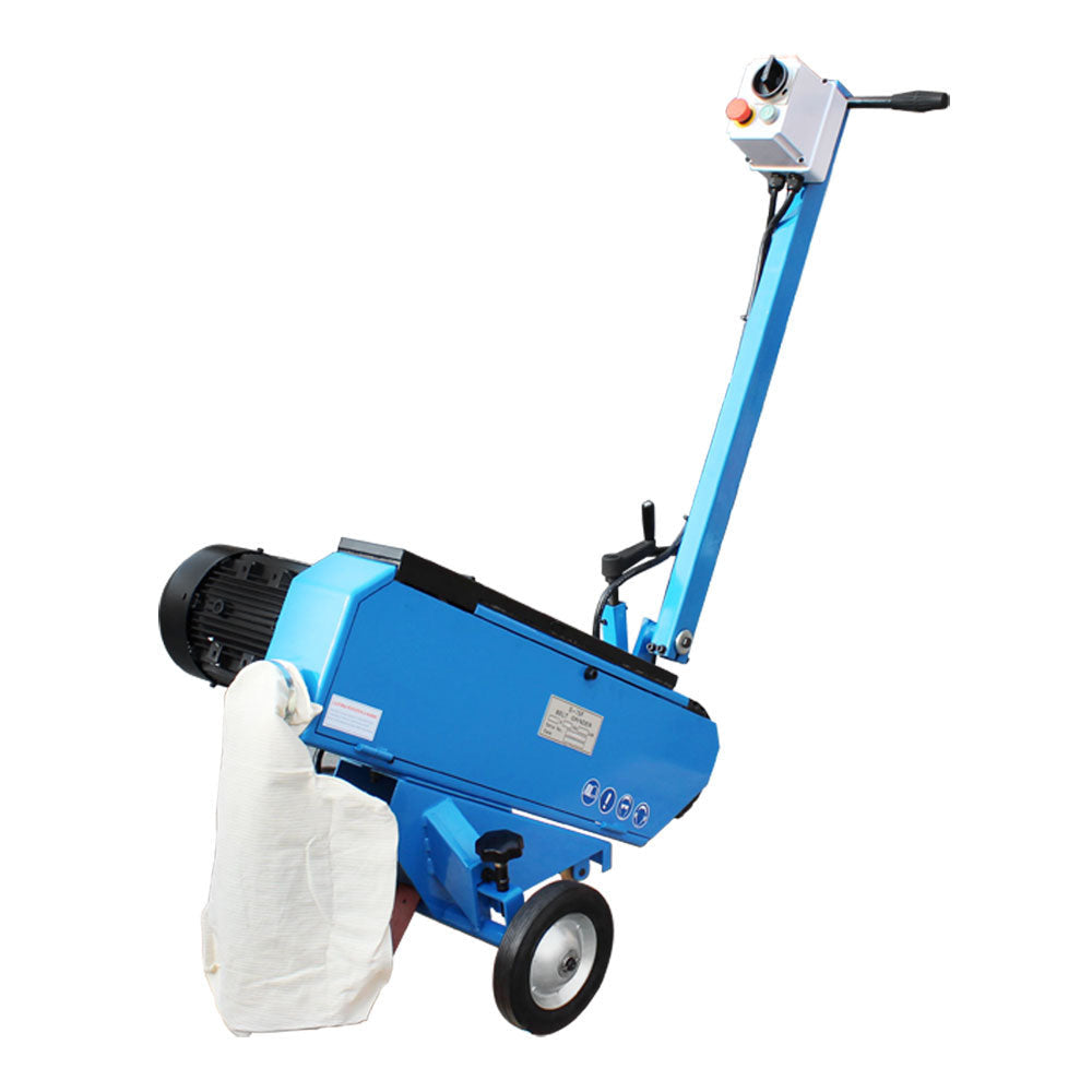 Industrial blue floor sander with dust bag.