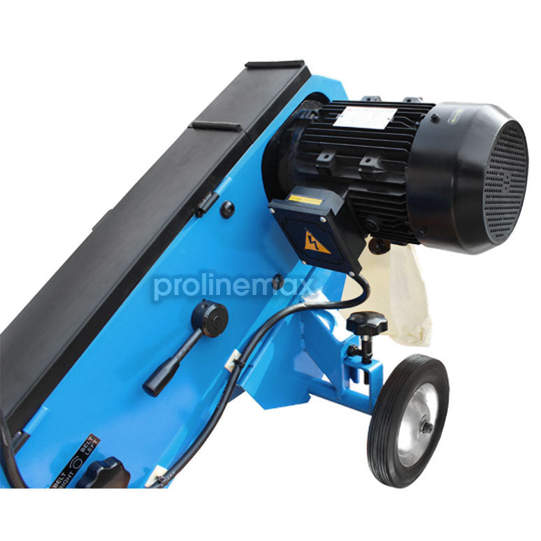 Blue commercial floor sander with handle.