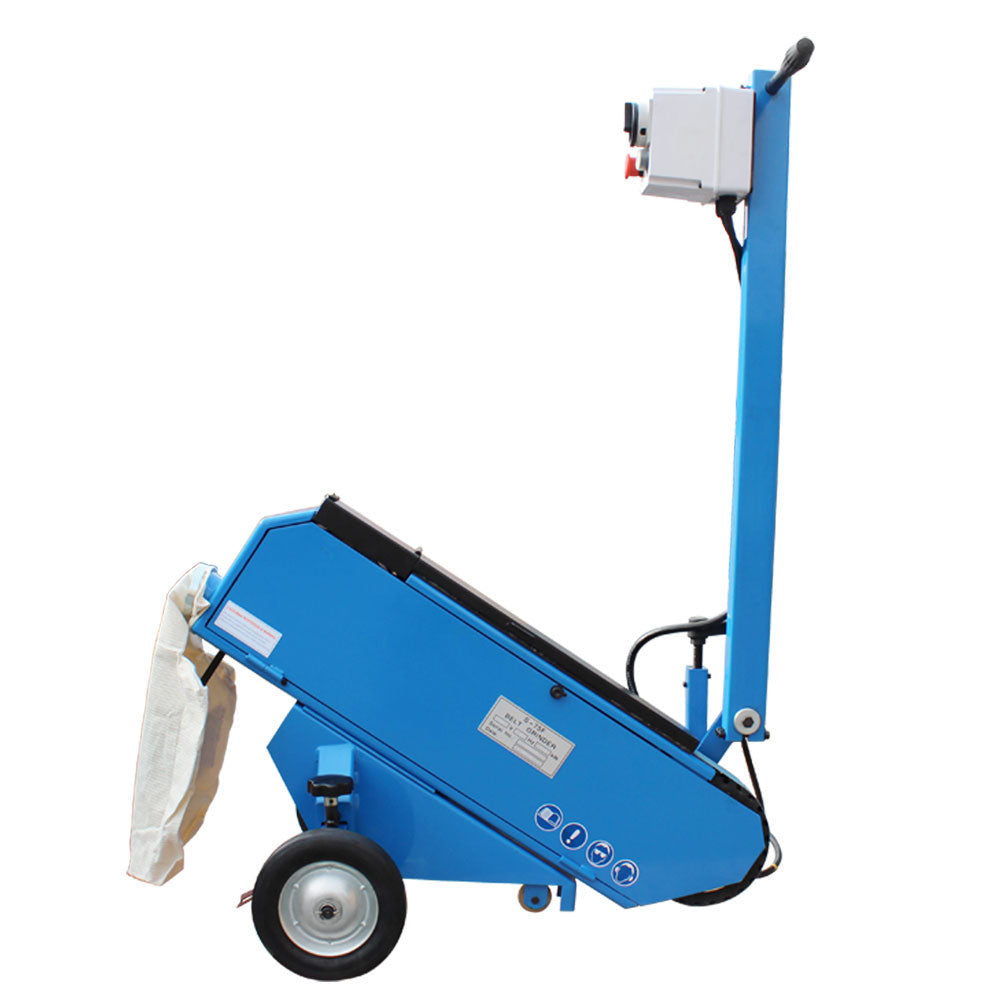 Blue floor sander with mounted motor and dust bag.