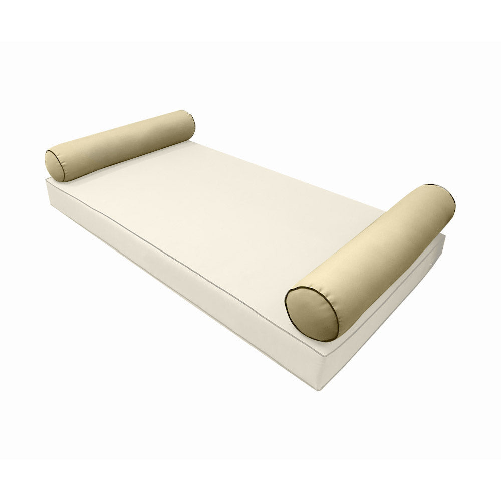 Five-piece pillow and bolster cushion set including seat cushion, two square back pillows, and two bolster pillows for indoor or outdoor seating.