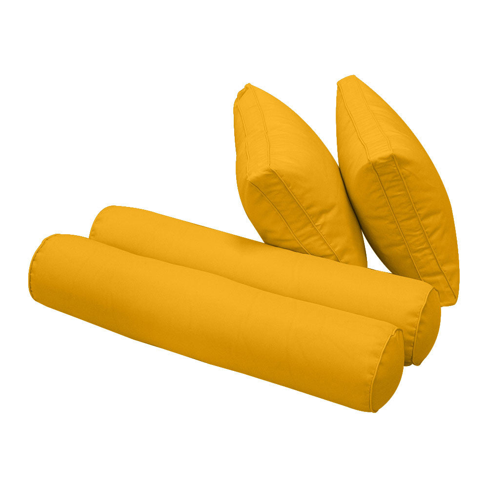 Five-piece pillow and bolster cushion set including seat cushion, two square back pillows, and two bolster pillows for indoor or outdoor seating.