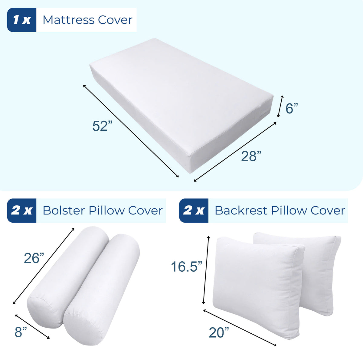 STYLE 1 - Mattress & Pillow Bolster Cushion for Outdoor Indoor Daybed Porch Swing Bed Piped Trim Crib Size AD005 | COVERS ONLY |