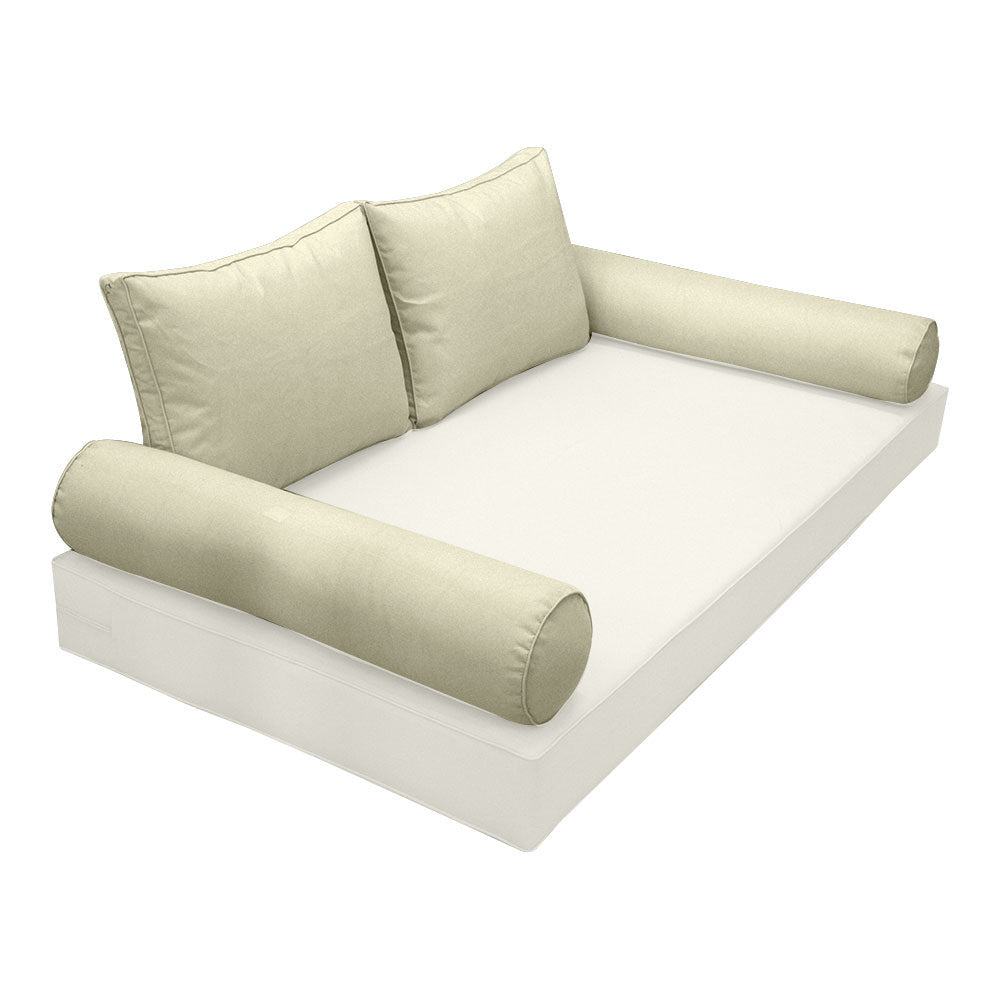Elegant cushion and bolster set featuring refined craftsmanship and knife-edge detailing, designed for versatile indoor and outdoor comfort.