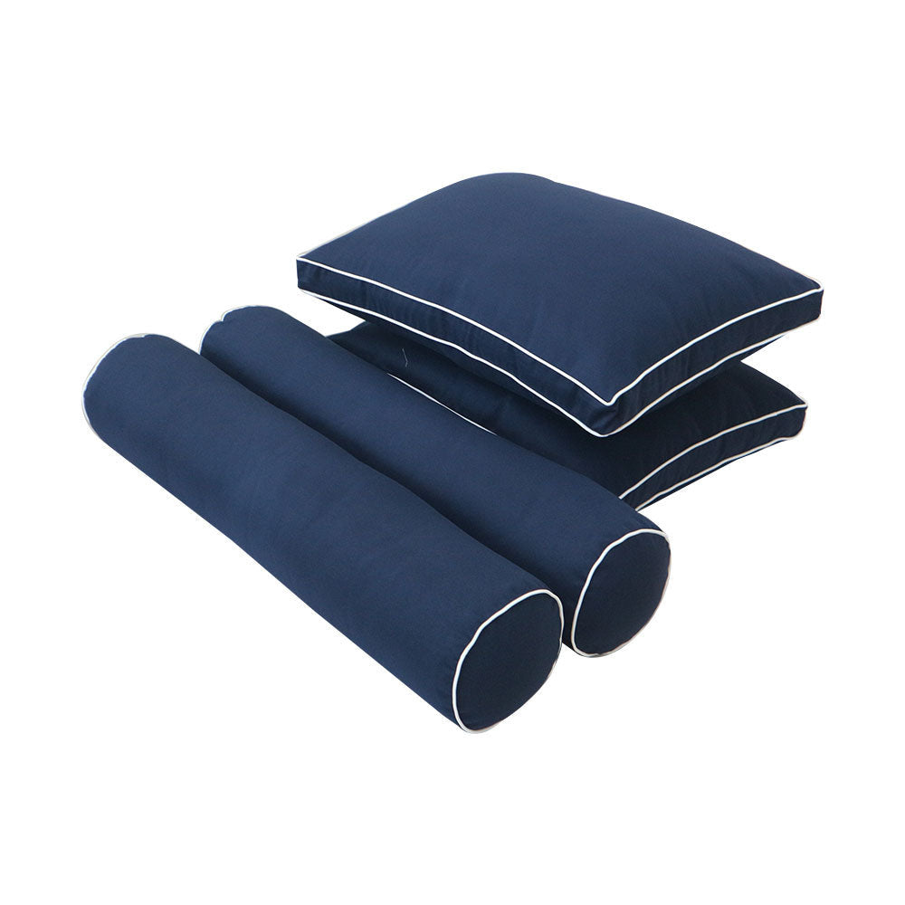 Five-piece pillow and bolster cushion set including seat cushion, two square back pillows, and two bolster pillows for indoor or outdoor seating.