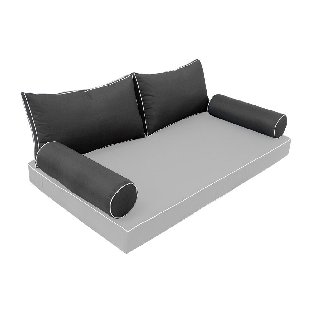 Five-piece pillow and bolster cushion set including seat cushion, two square back pillows, and two bolster pillows for indoor or outdoor seating.