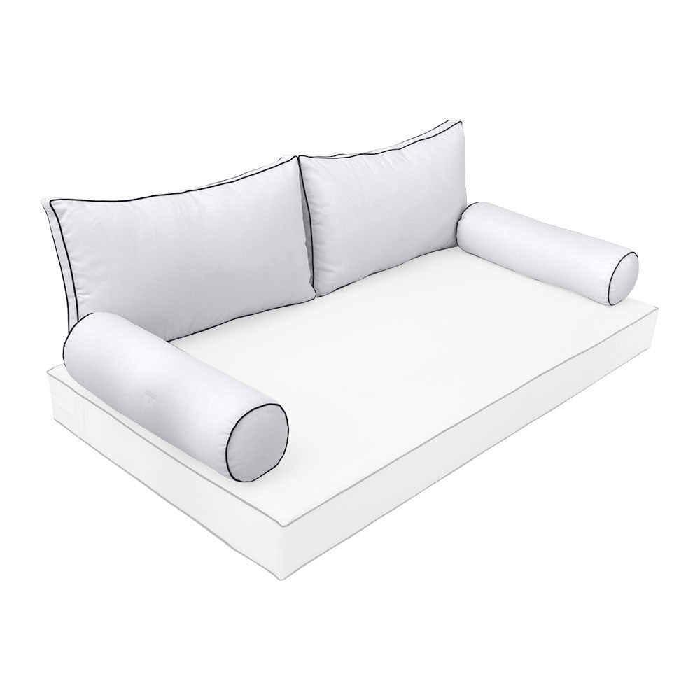 Elegant cushion and bolster set featuring refined craftsmanship and knife-edge detailing, designed for versatile indoor and outdoor comfort.