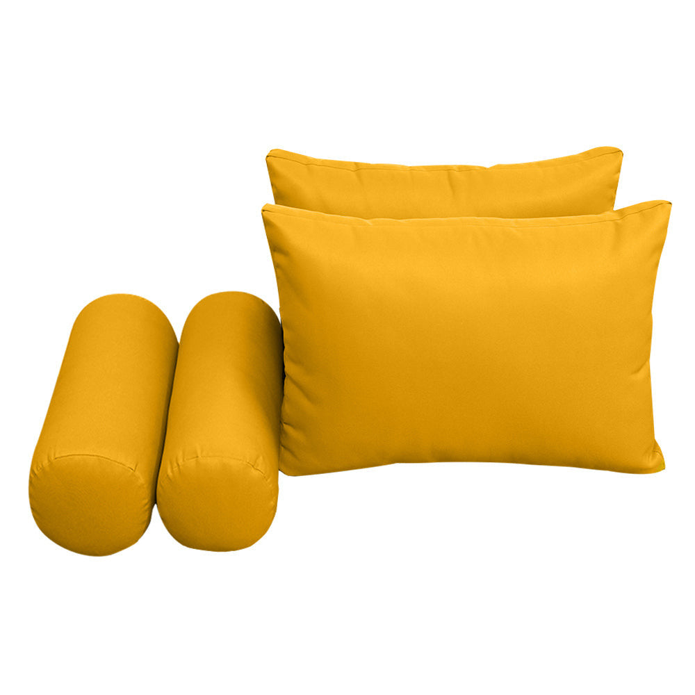 Five-piece pillow and bolster cushion set including seat cushion, two square back pillows, and two bolster pillows for indoor or outdoor seating