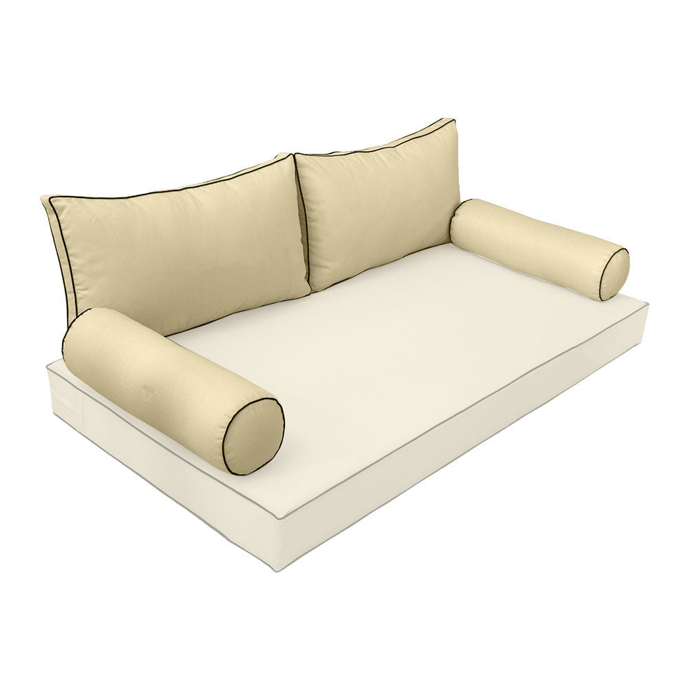 Elegant cushion and bolster set featuring refined craftsmanship and knife-edge detailing, designed for versatile indoor and outdoor comfort.