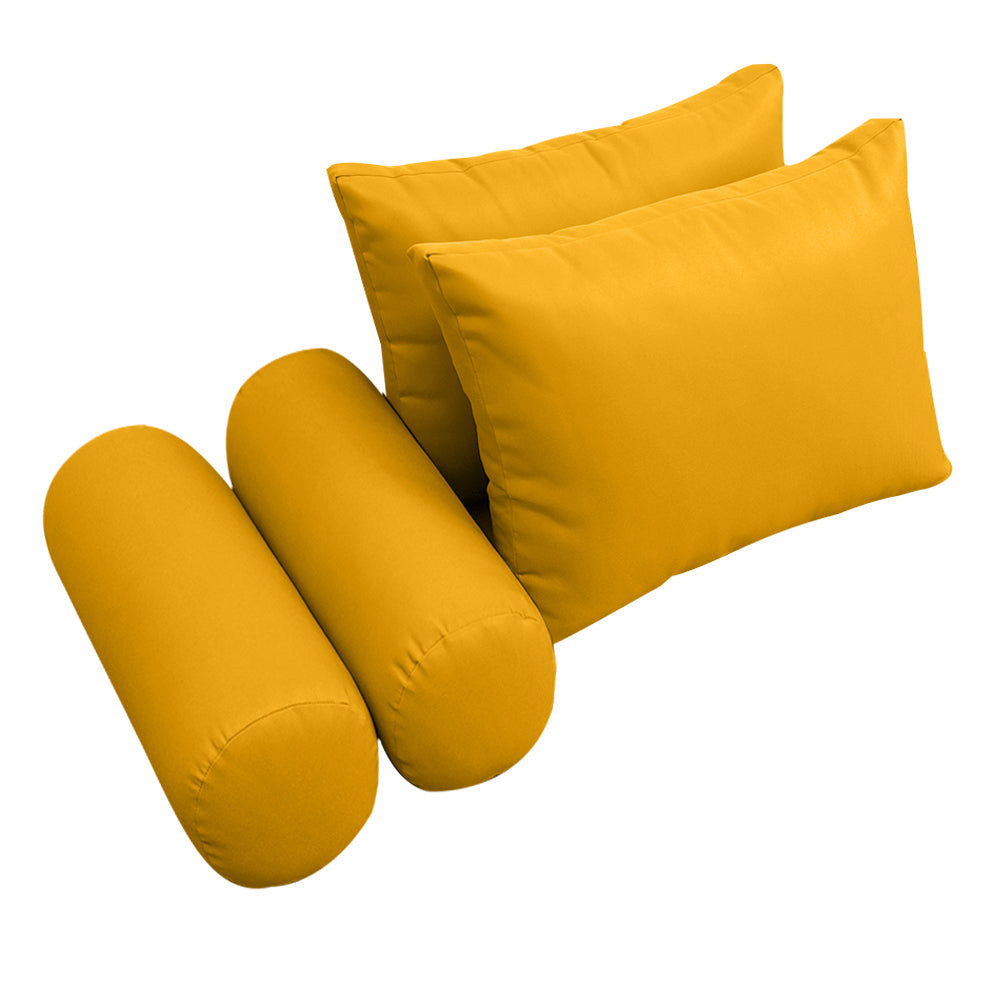 Five-piece pillow and bolster cushion set including seat cushion, two square back pillows, and two bolster pillows for indoor or outdoor seating