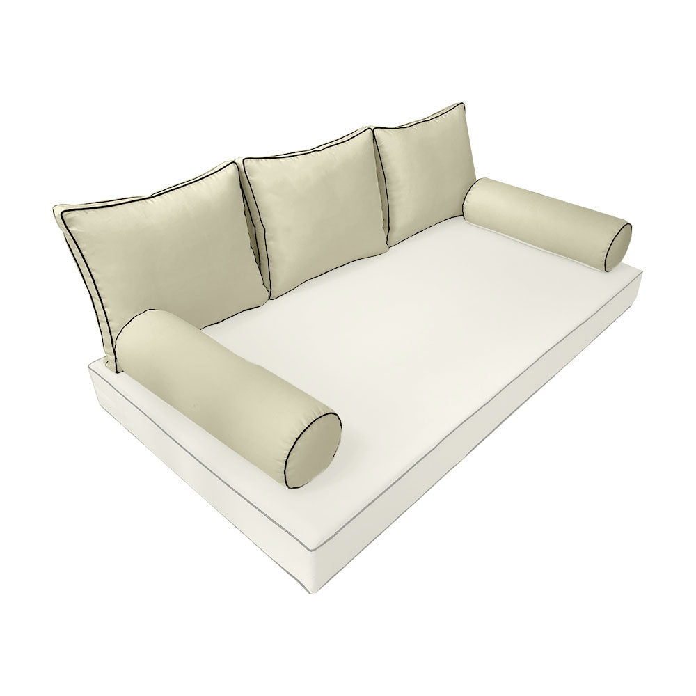 Elegant cushion and bolster set featuring refined craftsmanship and knife-edge detailing, designed for versatile indoor and outdoor comfort.