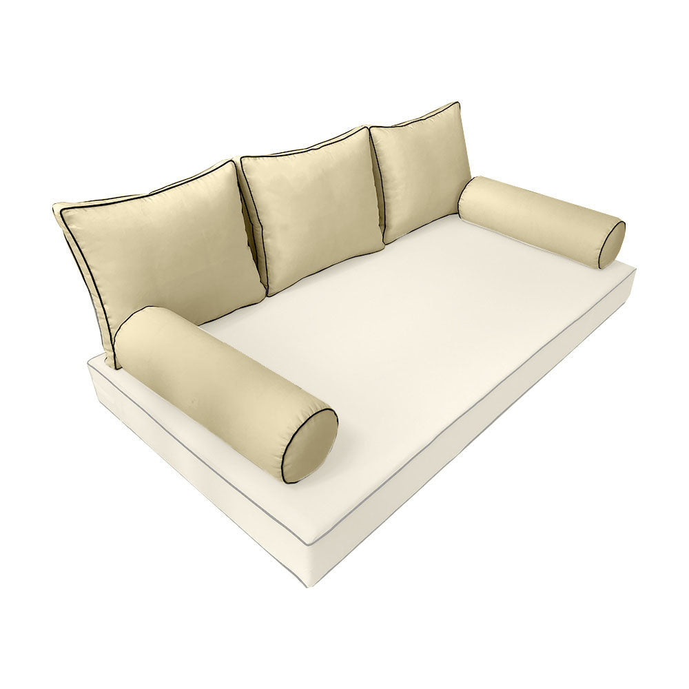 Elegant cushion and bolster set featuring refined craftsmanship and knife-edge detailing, designed for versatile indoor and outdoor comfort.