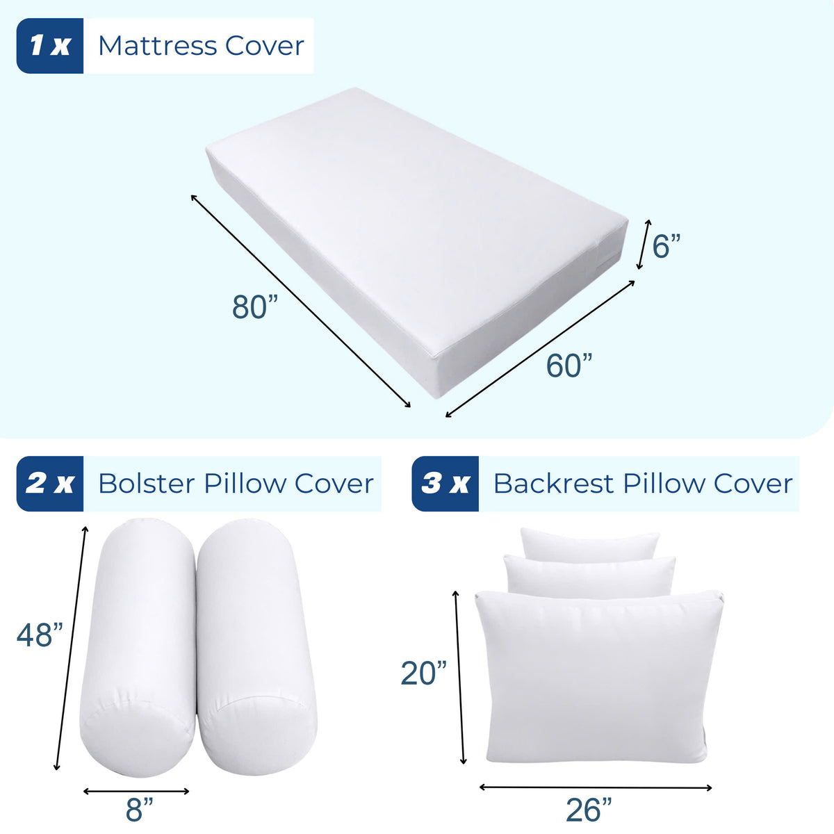 STYLE 3 - Mattress & Pillow Bolster Cushion for Outdoor Indoor Daybed Porch Swing Bed Piped Trim Queen Size AD104 | COVERS ONLY |