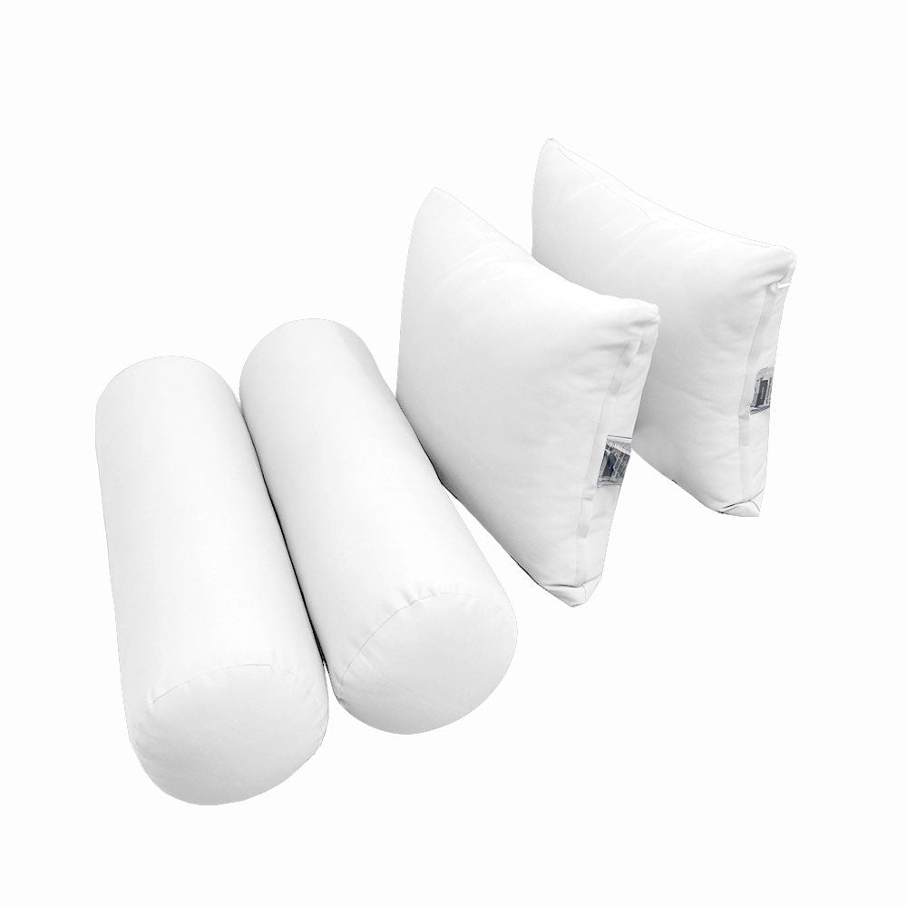 Five-piece pillow and bolster cushion set including seat cushion, two square back pillows, and two bolster pillows for indoor or outdoor seating.