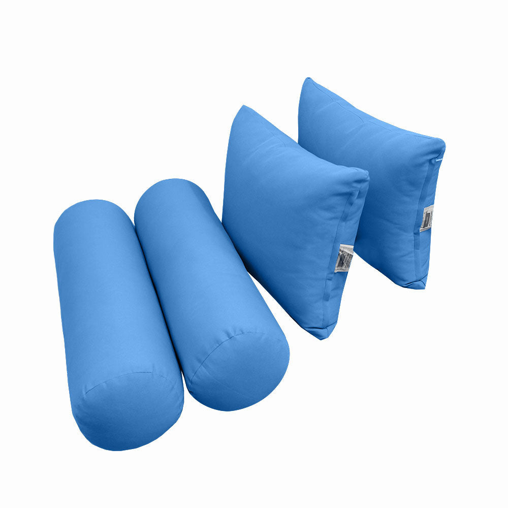 Five-piece pillow and bolster cushion set including seat cushion, two square back pillows, and two bolster pillows for indoor or outdoor seating.