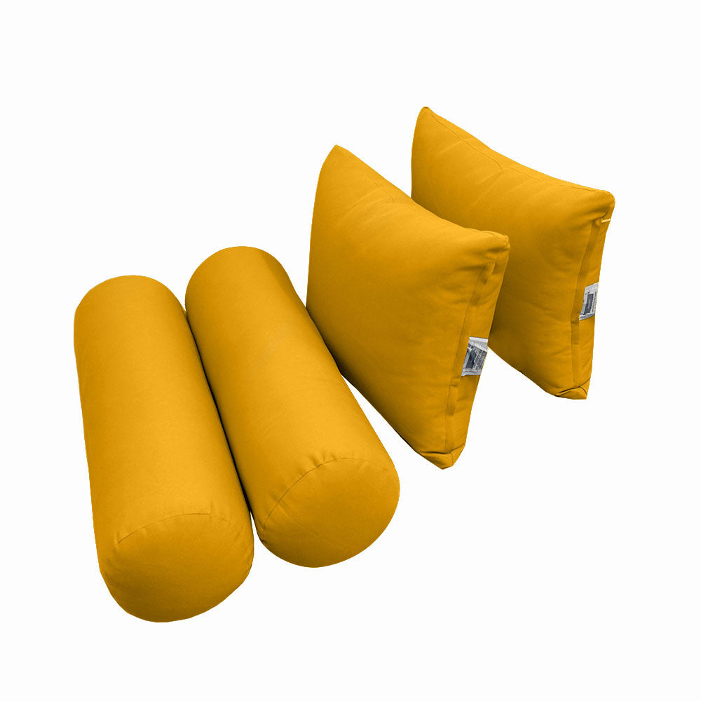 Five-piece pillow and bolster cushion set including seat cushion, two square back pillows, and two bolster pillows for indoor or outdoor seating.