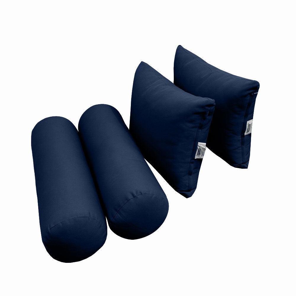 Five-piece pillow and bolster cushion set including seat cushion, two square back pillows, and two bolster pillows for indoor or outdoor seating