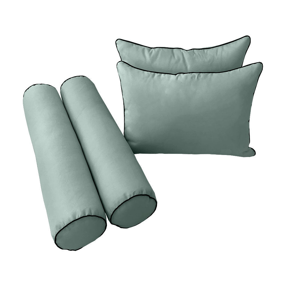 Five-piece pillow and bolster cushion set including seat cushion, two square back pillows, and two bolster pillows for indoor or outdoor seating.