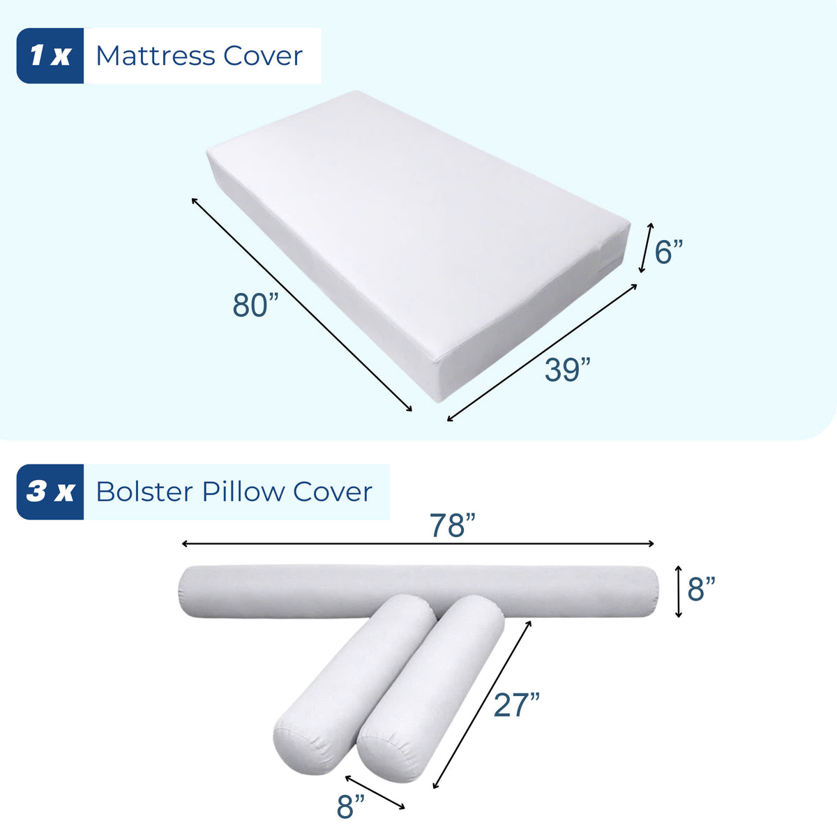 STYLE 6 - Mattress & Pillow Bolster for Outdoor Indoor Daybed Porch Swing Bed Piped Trim Twin-XL Size AD005 | COVERS ONLY |