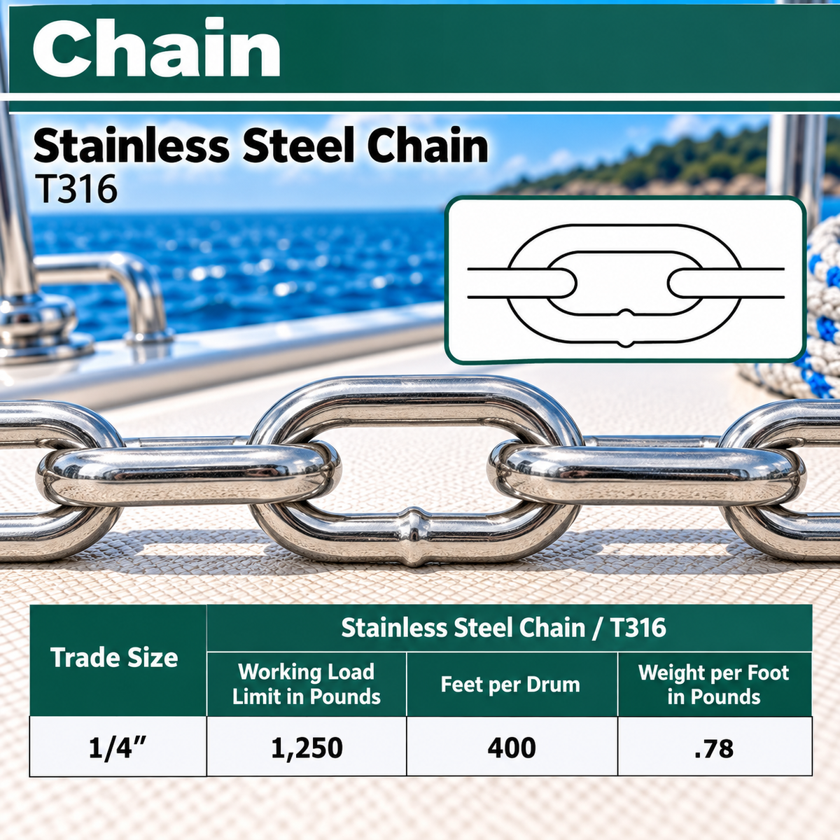 10 Ft T316 Stainless Steel Link Chain, Marine Grade Boat Chain for Dock, Anchor, Rigging, and Outdoor Use