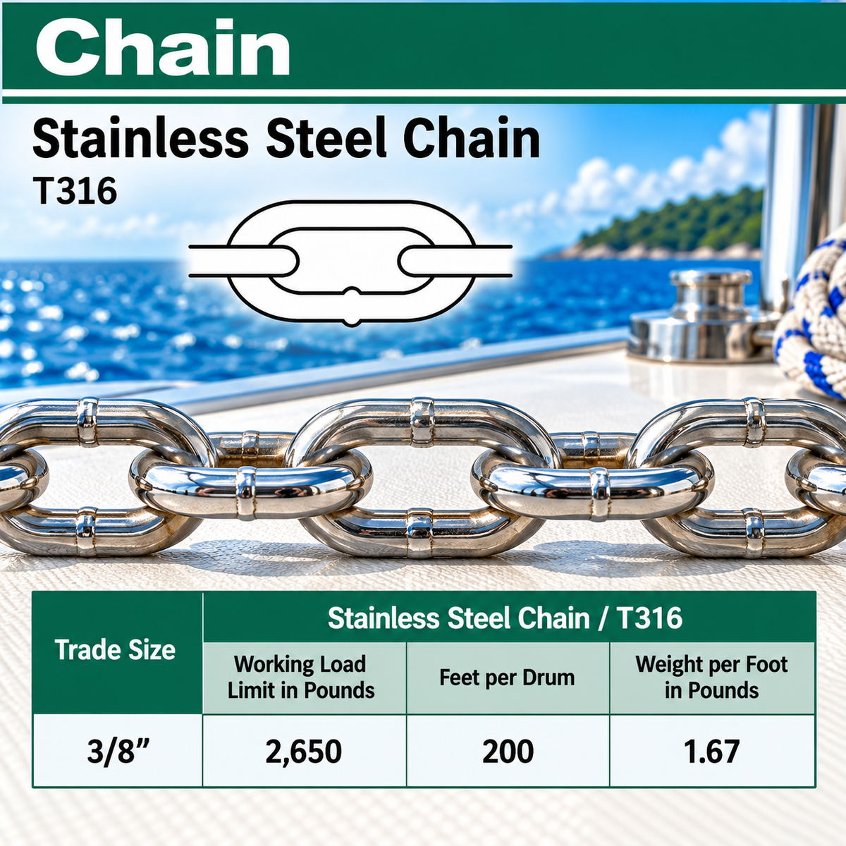 10 Ft T316 Stainless Steel Link Chain, Marine Grade Boat Chain for Dock, Anchor, Rigging, and Outdoor Use