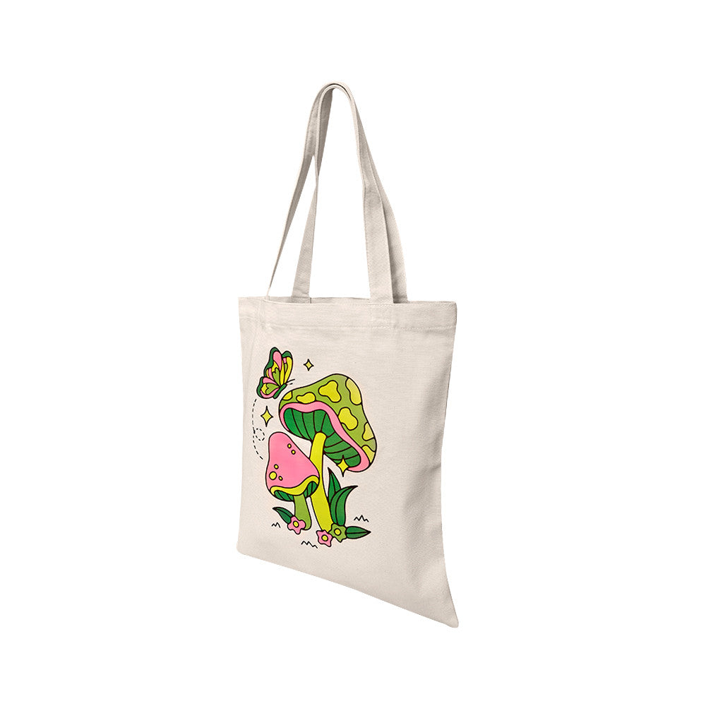 14-1/2"L x 15-1/2" Reusable Canvas Grocery Bag Shopping Mushrooms Butterfly Tote