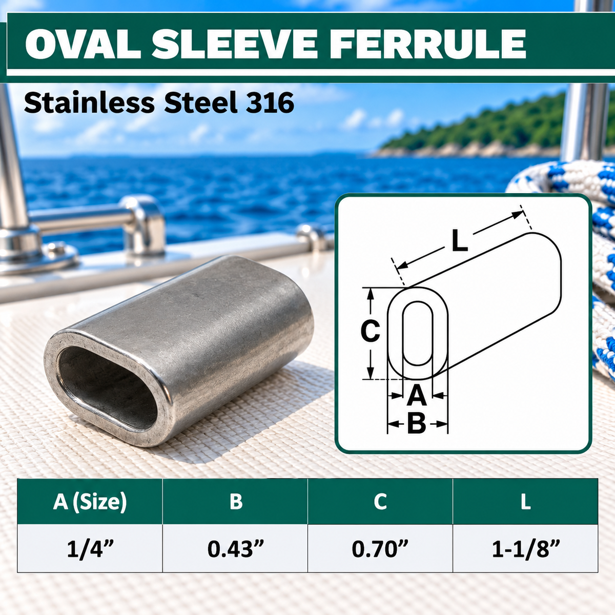 10 Pc Set Marine T316 Stainless Steel Wire Rope Oval Sleeve, Cable Crimp Sleeve Fittings for Rigging and Railing