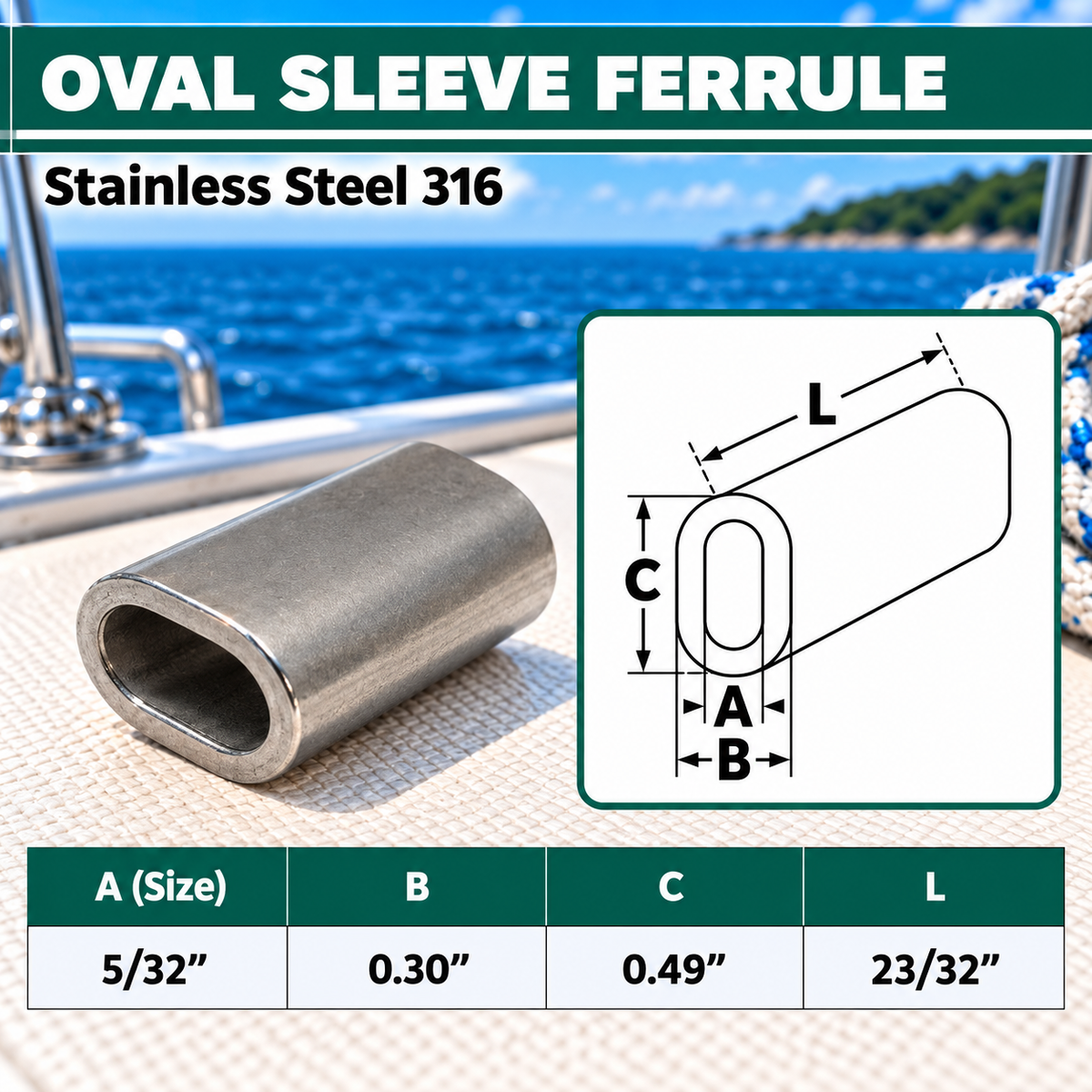 10 Pc Set Marine T316 Stainless Steel Wire Rope Oval Sleeve, Cable Crimp Sleeve Fittings for Rigging and Railing