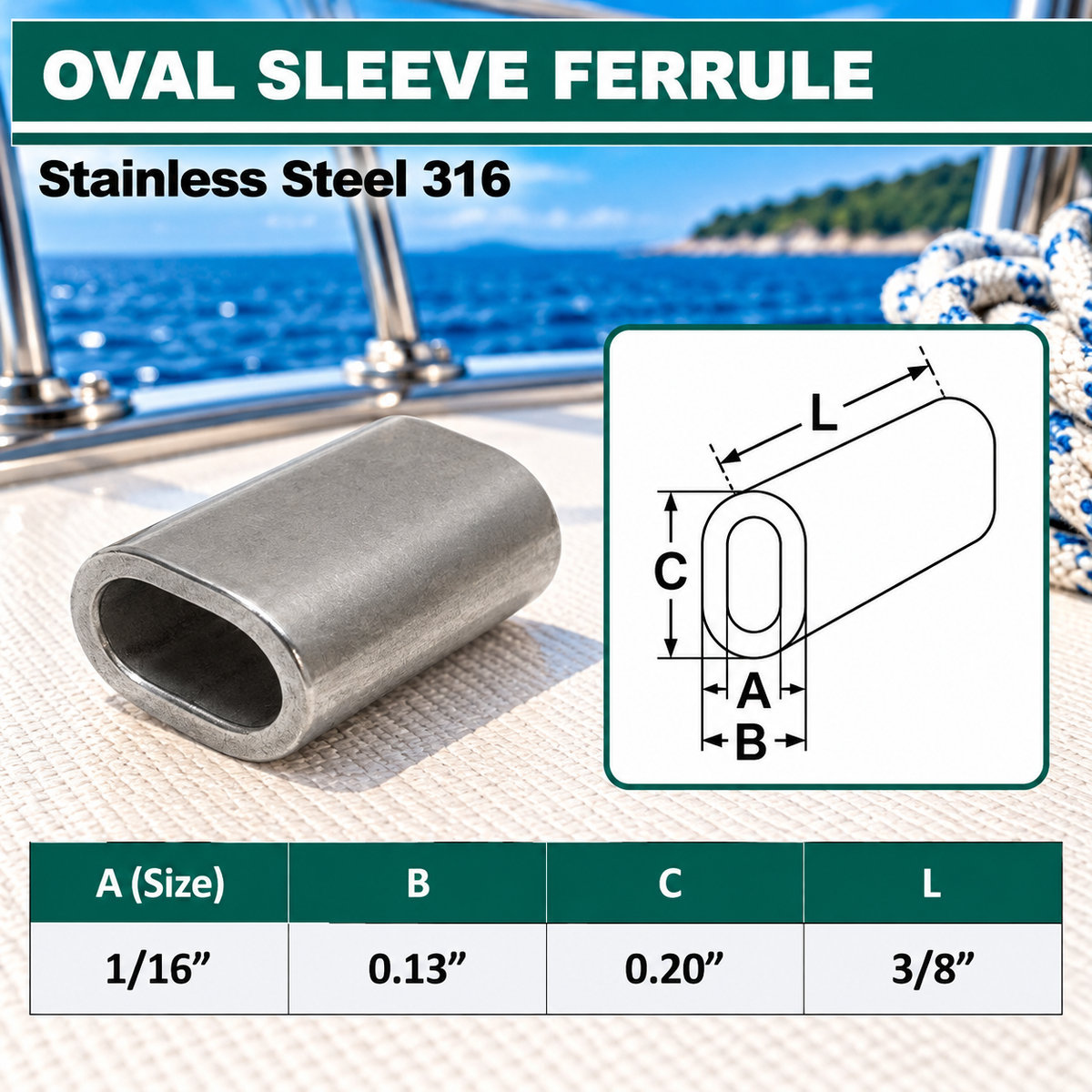10 Pc Set Marine T316 Stainless Steel Wire Rope Oval Sleeve, Cable Crimp Sleeve Fittings for Rigging and Railing