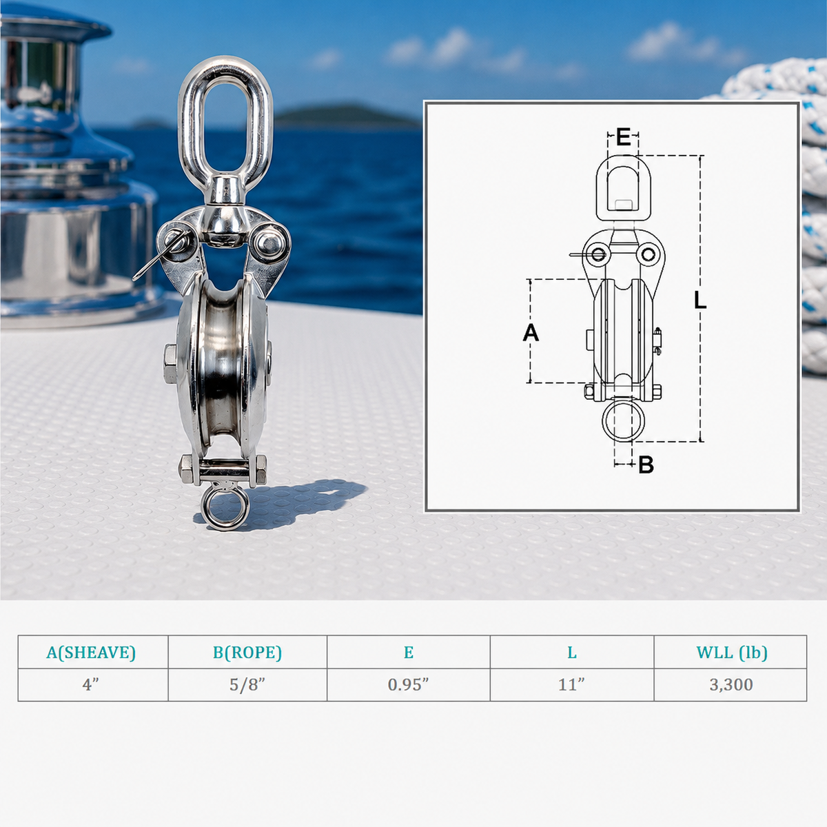 Heavy Duty T316 Stainless Steel Sheave Swivel Block, Wire Rope Hoist Lift Pulley for Marine, Rigging, Boat, and Dock Use