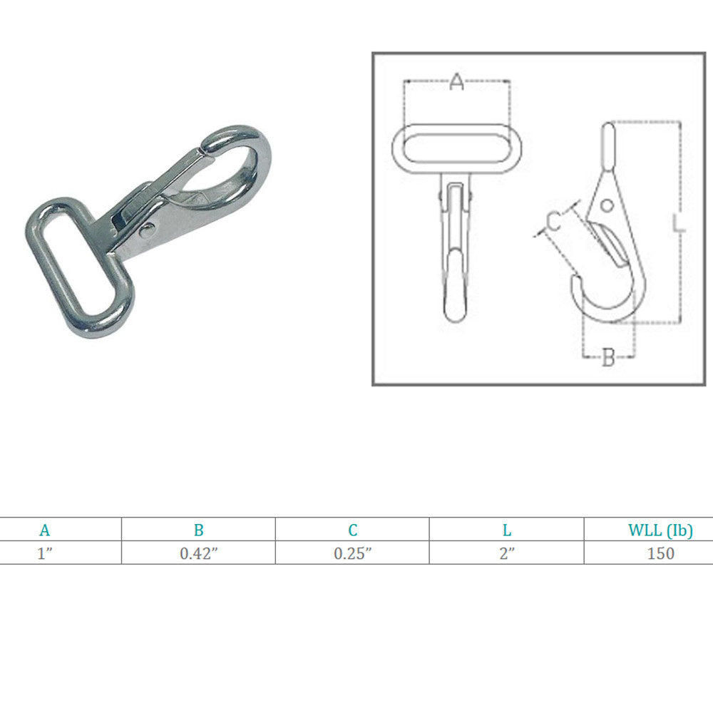 Marine Stainless Steel T316 1" Webbing Snap Hook 150 Lbs WLL Rigging Lifting