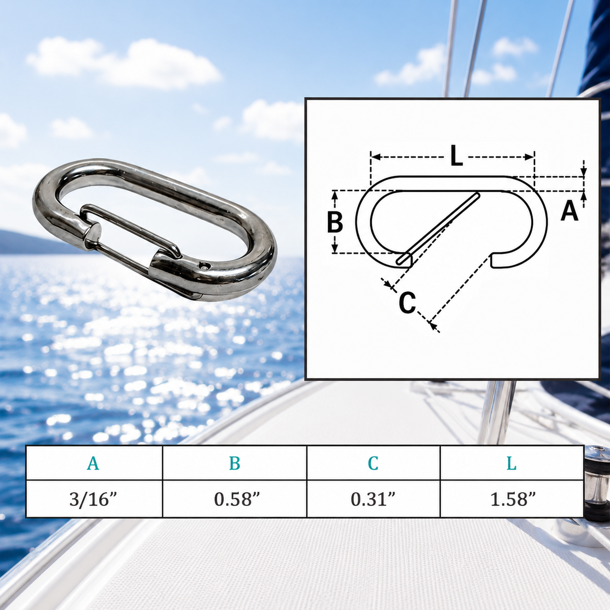4 Pc Set Marine T316 Stainless Steel Bit Snap, Rigging Lift Link Clip Snap for Rope, Chain, Cable, Dock