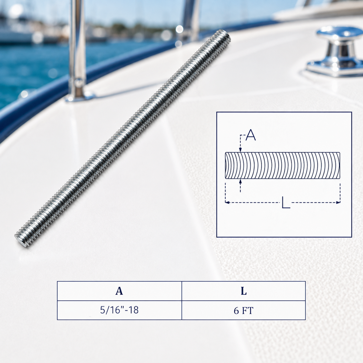 Stainless Steel 6 Ft Fully Threaded Rod, All Thread Rod for Marine, Deck, Rigging, Fastening, and Outdoor Hardware