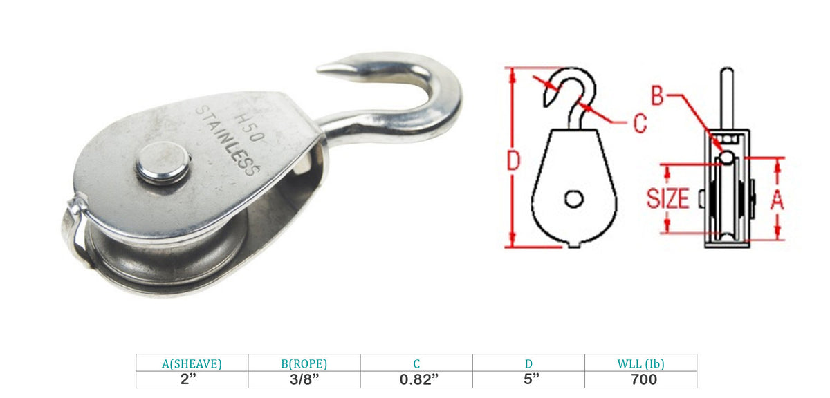 Marine Boat T316 Stainless Steel 2'' Hook Swivel Block Lifting Rigging Pulley