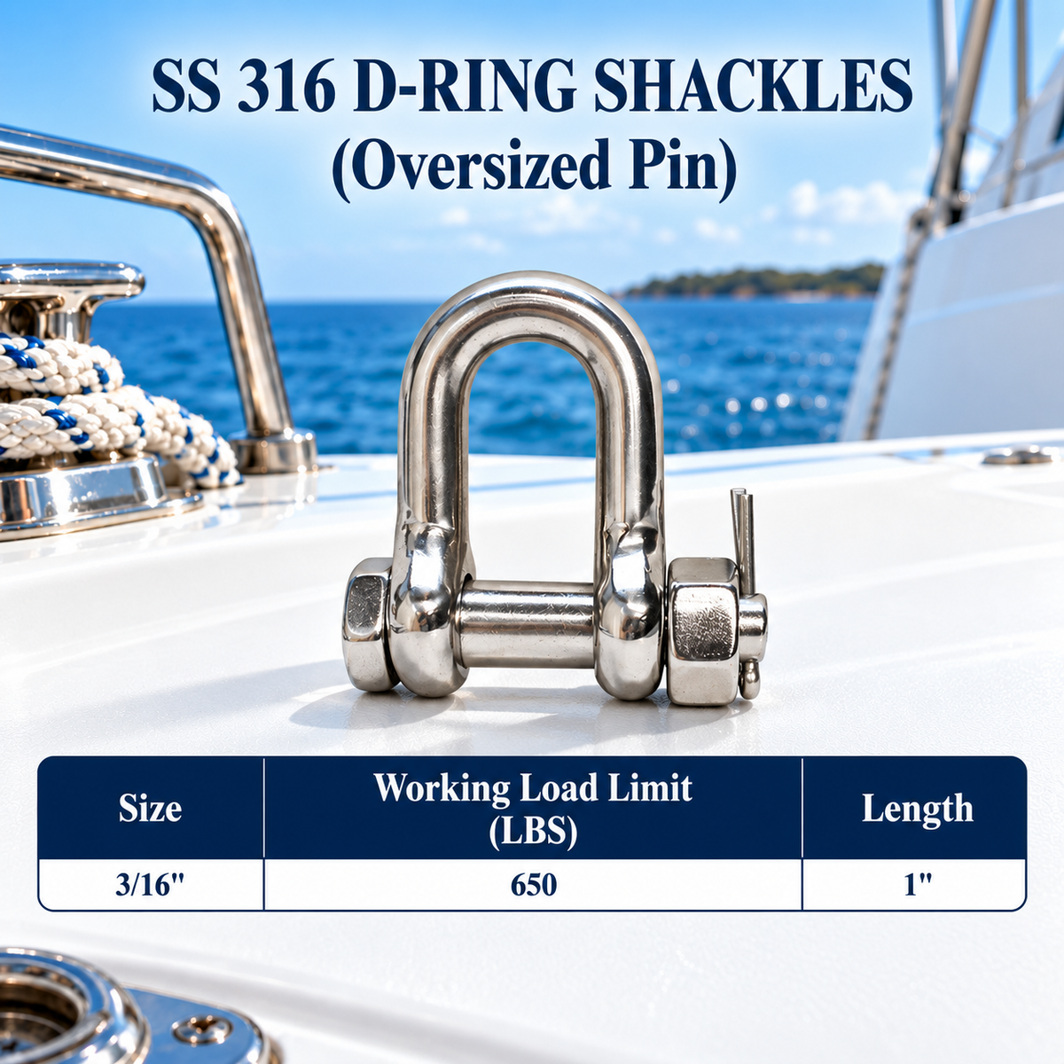 Stainless Steel 316 Bolt Pin Chain D-RING SHACKLES 3/16" to 3/4" Oversized Pin