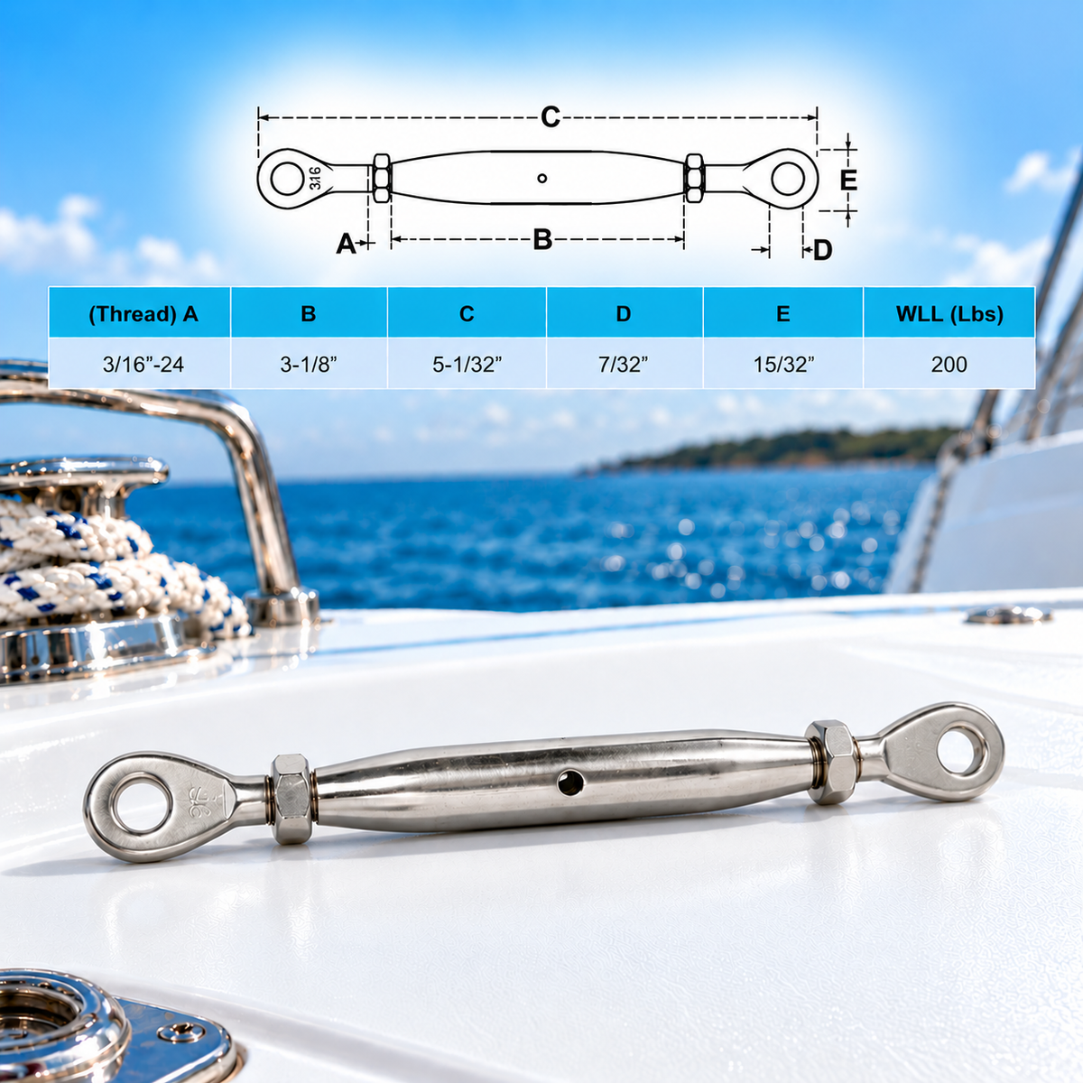 5 Pc Set T316 Stainless Steel Eye Eye Closed Body Turnbuckle, Marine Rigging Tensioner 3/16", 1/4", 5/16", and 3/8" Sizes