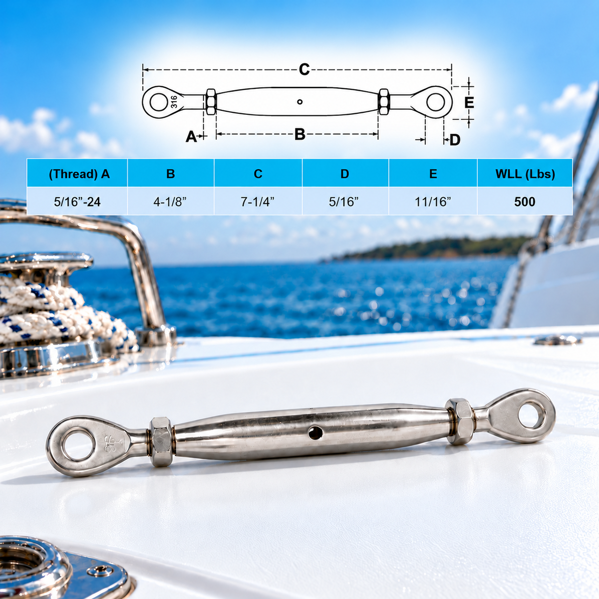 5 Pc Set T316 Stainless Steel Eye Eye Closed Body Turnbuckle, Marine Rigging Tensioner 3/16", 1/4", 5/16", and 3/8" Sizes