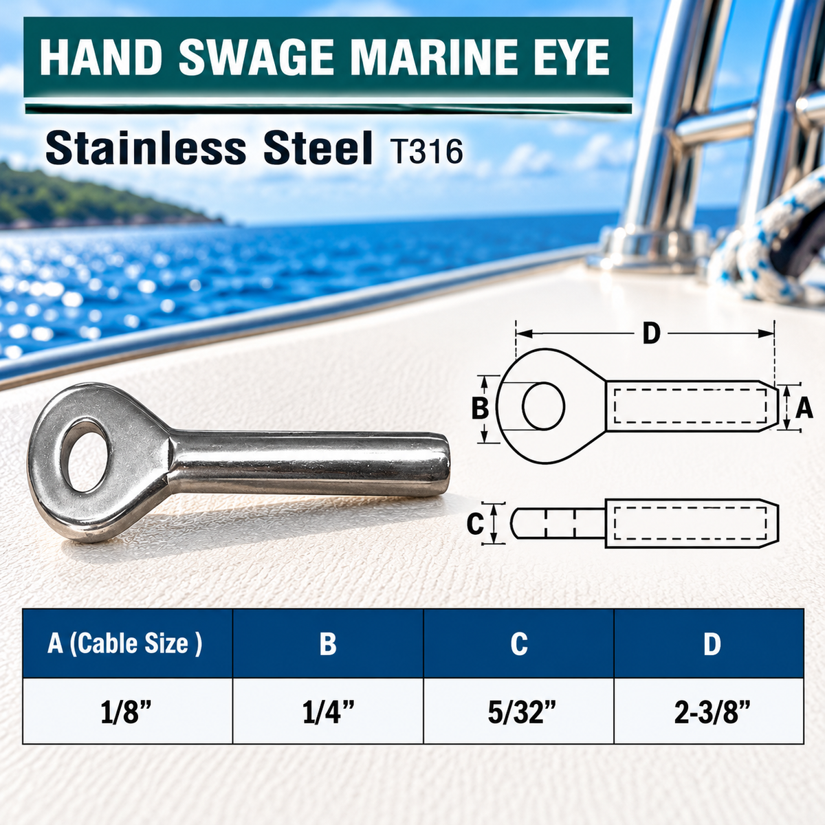 5 Pc Set T316 Stainless Steel Hand Swage Marine Eye, 1/8", 3/16", and 1/4" Cable Eye Terminal for Wire Rope
