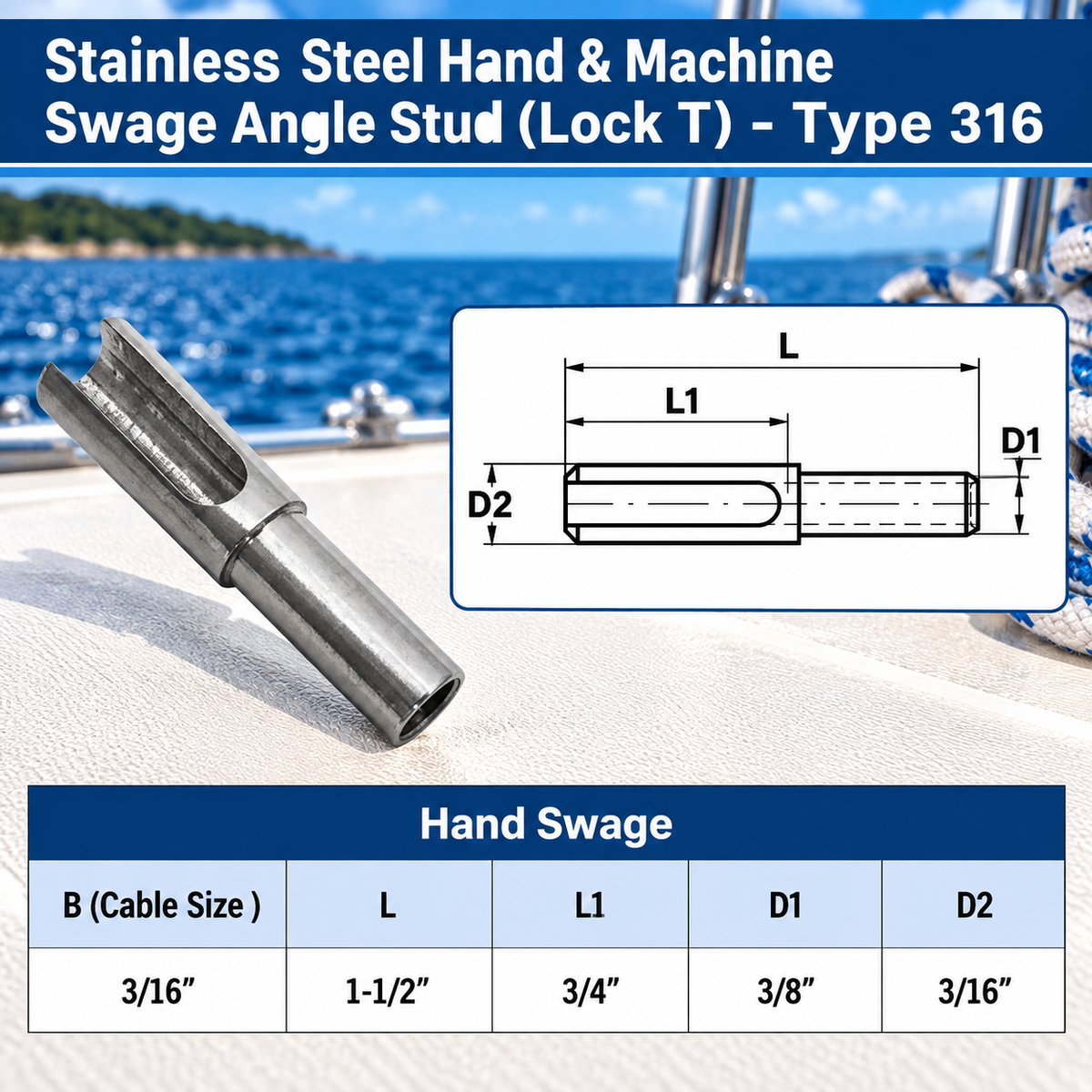 5 Pc Set T316 Stainless Steel Hand Swage Angle Stud for 1/8" and 3/16" Cable Railing, Cable Rail Fittings