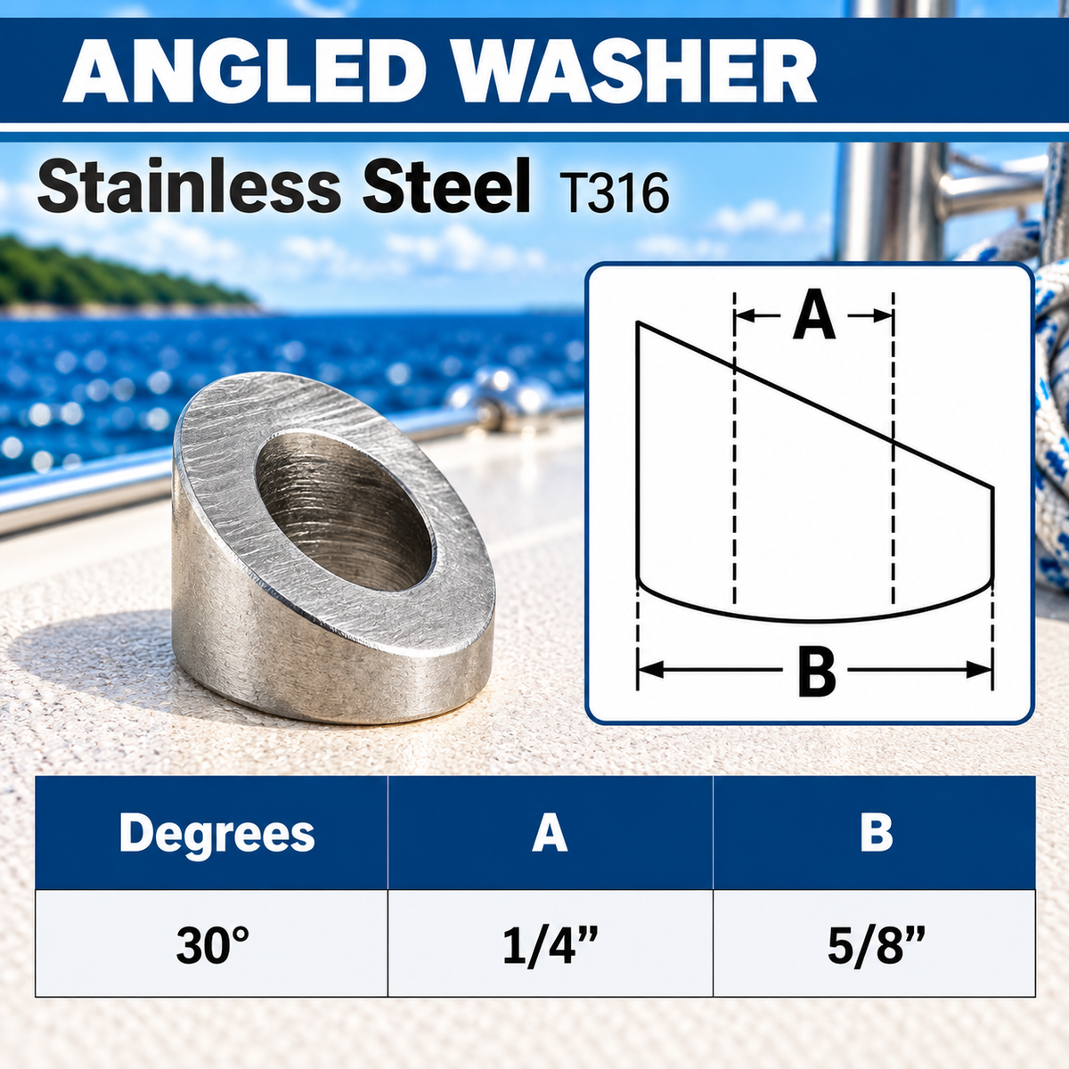5 Pc Set T316 Stainless Steel 30 Degree, 33 Degree, 37 Degree Angled Beveled Washers Cable Railing Hardware