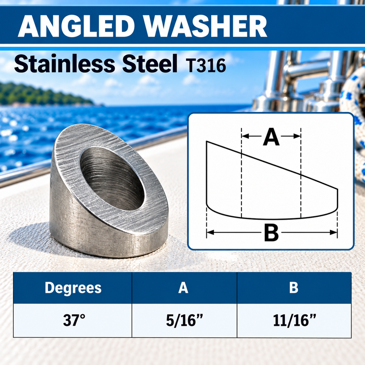 5 Pc Set T316 Stainless Steel 30 Degree, 33 Degree, 37 Degree Angled Beveled Washers Cable Railing Hardware