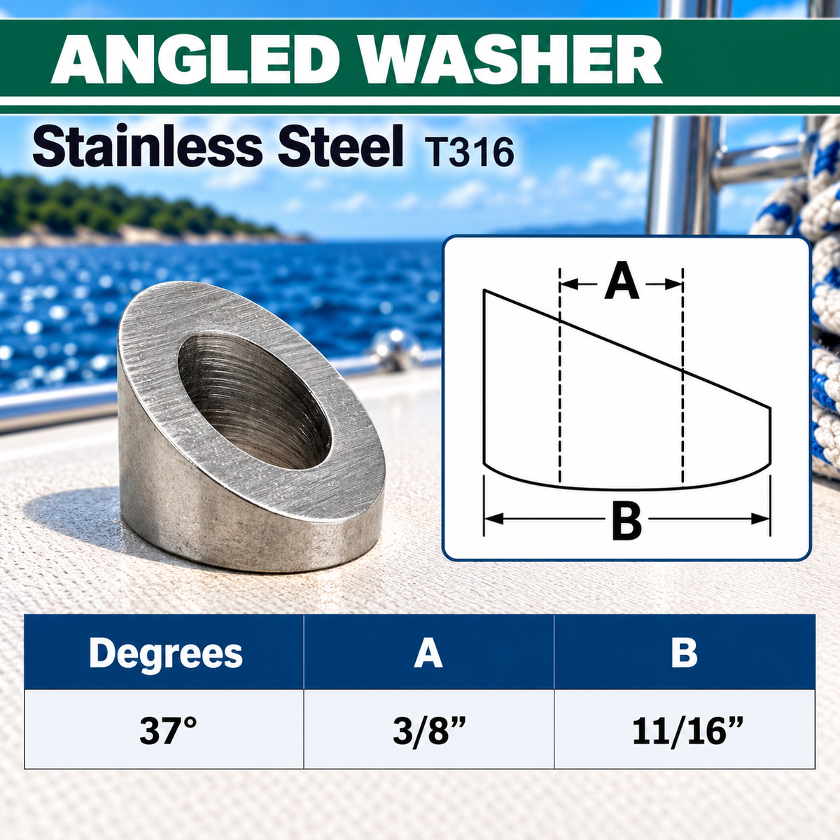 5 Pc Set T316 Stainless Steel 30 Degree, 33 Degree, 37 Degree Angled Beveled Washers Cable Railing Hardware